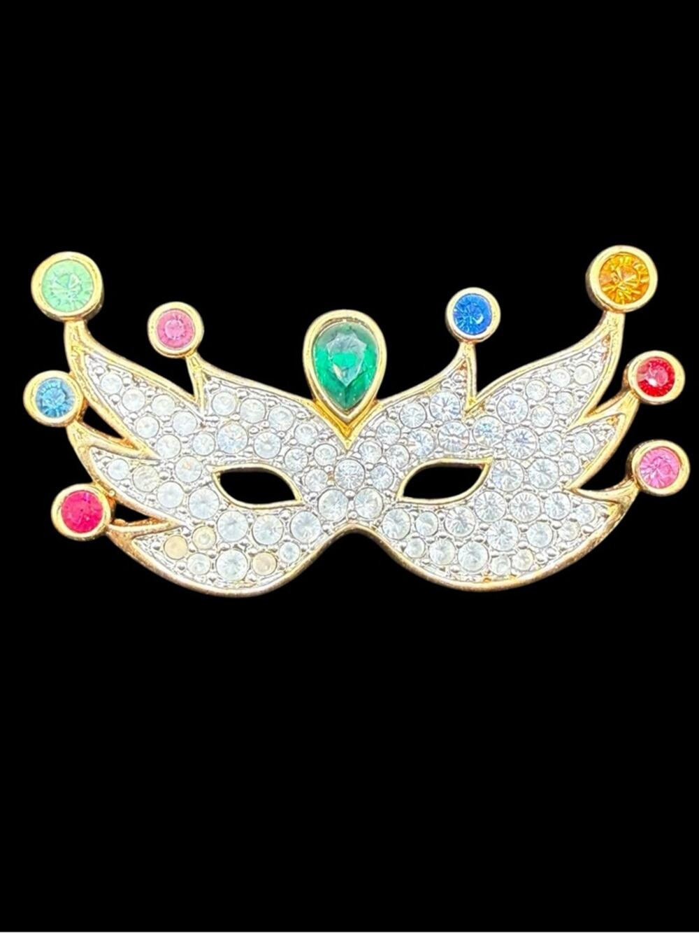 Signed Gold-Tone Multicolor Crystal Masquerade Mask Brooch